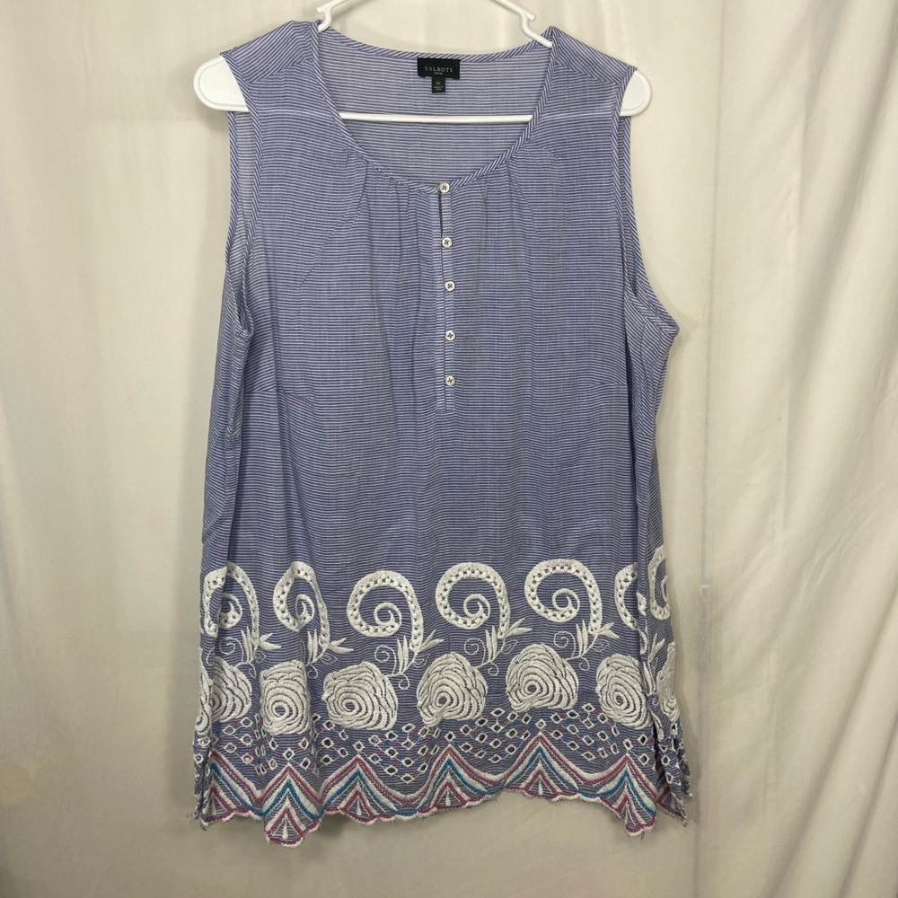 Talbots women’s blue white striped embroidered beaded hem sleeveless blouse 1X